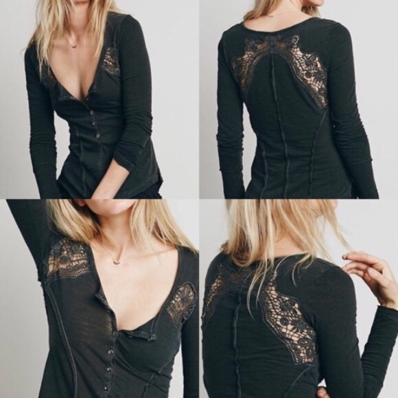 BLACK FREE PEOPLE HENLEY with Crochet inserts - Picture 2 of 2